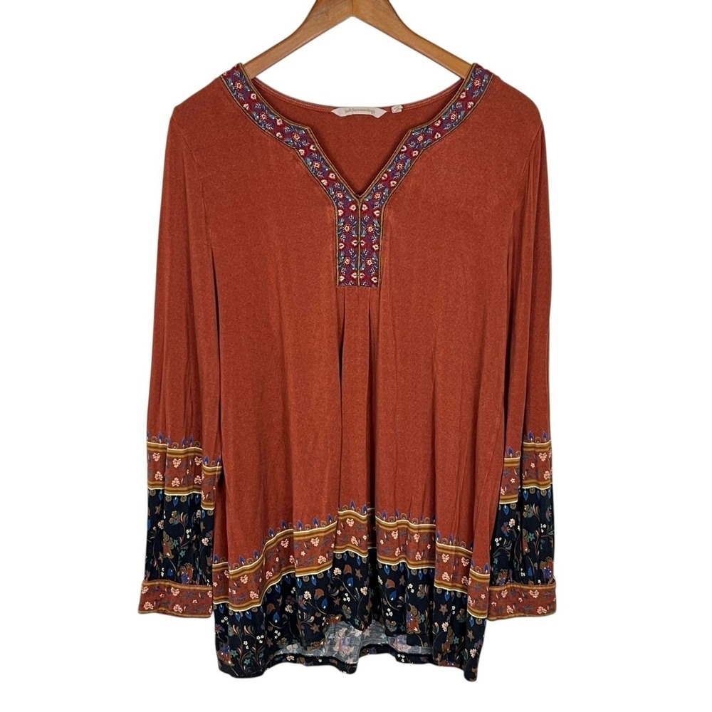 Soft Surroundings Womens Medium Oversized Top Rust Orange Boho Embroidered Earth